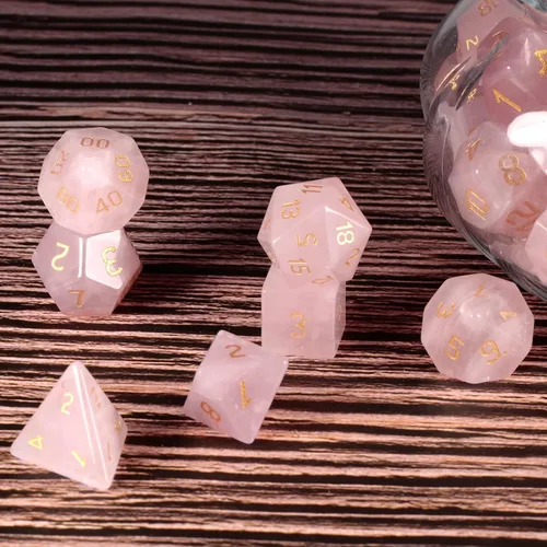 Vista 6 de Nupuyai Juego de dados poliédricos D&D de cristal de cuarzo rosa curativo con caja para Calabozos y Dragones, juego de 7 dados de mesa para RPG MTG