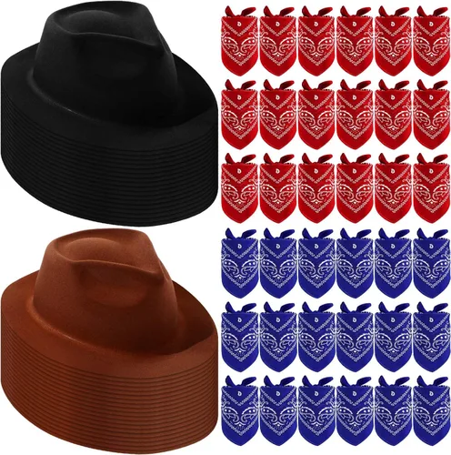 Vista 10 de Hillban 72 Piezas Juego de Sombrero de Vaquero del Oeste y Bandana de Paisley para Niños Sombreros de Fieltro de Vaquero para Favores de Fiesta