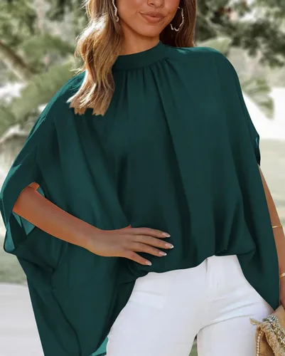 Vista 37 de BTFBM Blusas de verano para mujer, cuello alto falso, manga murciélago, holgadas, dobladillo alto y bajo, blusas informales de gran