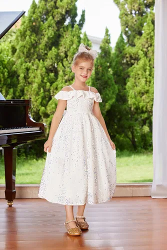 Vista 5 de GRACE KARIN Vestido de niña con hombros descubiertos y lentejuelas brillantes con nudo de lazo, 6-12 años