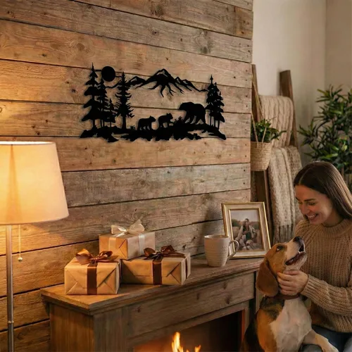 Vista 8 de DEKADRON Arte de pared de metal, arte familiar de oso de metal, decoración de montaña de árbol, decoración de pared de naturaleza, regalo