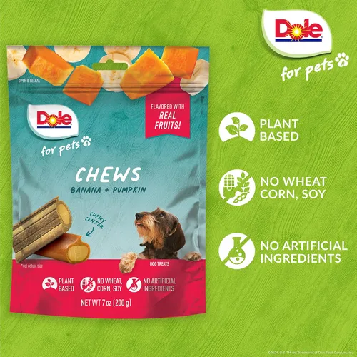 Vista 4 de Dole para Mascotas Masticables para Perros Recién Traídos, Golosinas para Perros Surtidas Sabor Plátano y Calabaza, 7oz Con Sabor de Verduras