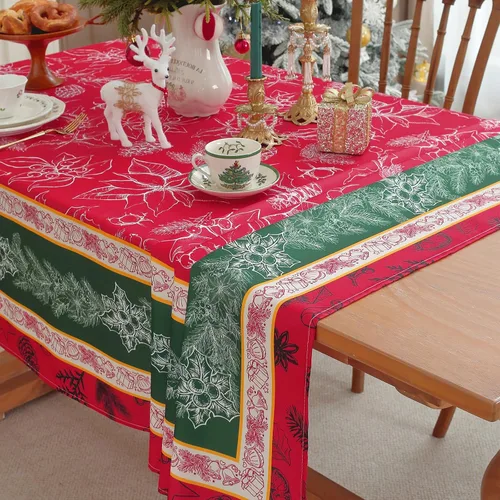 Vista 7 de SASTYBALE - Mantel navideño rectangular de 52x70 pulgadas, con diseño vintage de Flor de Pascua y acebo, resistente a las arrugas, para cenas