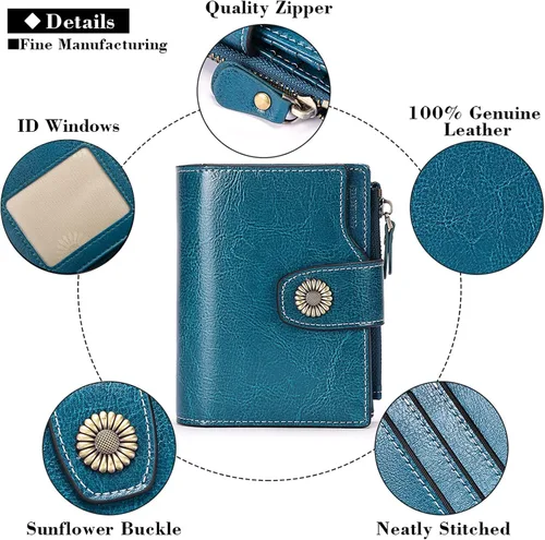 Vista 5 de FALAN MULE - Cartera pequeña plegable para mujer de cuero genuino, compacta, con bloqueo RFID, Azul Patchwork), 5206