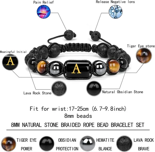 Vista 2 de Vinswet Pulseras de cuentas con iniciales para hombre, pulsera de triple protección de 0.315 in, obsidiana y hematita, hecha a mano para hombre
