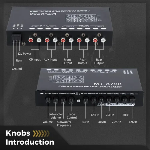 Vista 4 de Ecualizador de audio para automóvil de 7 bandas, ecualizador gráfico de audio para automóvil, ecualizador de automóvil con salidas delanteras