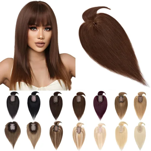 Vista 22 de SEGO Toppers para el cabello para mujer, cabello humano real con flequillo, 2.8 x 5.1 in, base de seda, 100% cabello humano Remy, clip en la parte