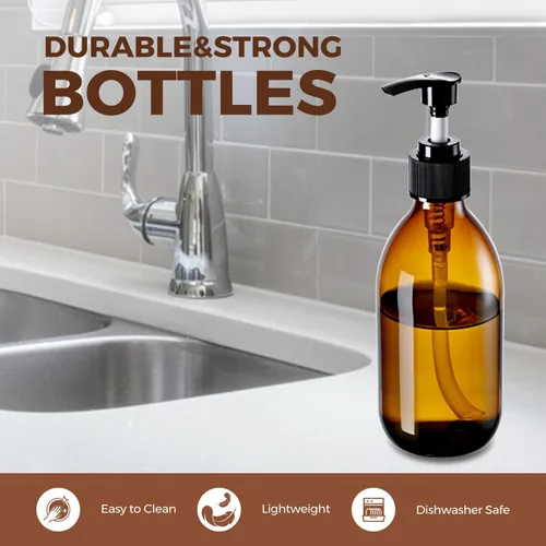 Vista 8 de Botella con bomba de vidrio ámbar de 8 onzas, dispensador de jabón vacío pequeño para aceite Refillable Dark Lotion Dispensers, Include Storage