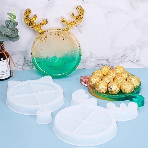 Vista 4 de Surakey Bandeja de silicona para gatos de Navidad, 1 molde de bandeja de resina, moldes de resina epoxi de silicona, posavasos para gato, alce