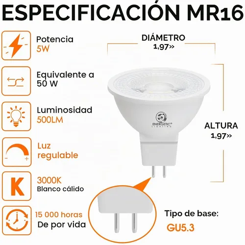 Vista 2 de Energetic - Bombilla LED MR16 regulable de 5 W y 12 V, equivalente a halógeno de 50 W, CRI 90+, base de dos pines GU5.3, ángulo de haz de 40 grados