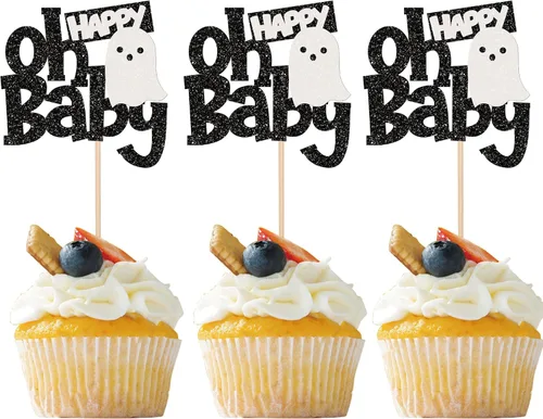 Vista 19 de Paquete de 24 adornos para cupcakes de Halloween con purpurina rosa, fantasma, pequeño abucheo, murciélago, bruja, gato, calabaza, magdalena