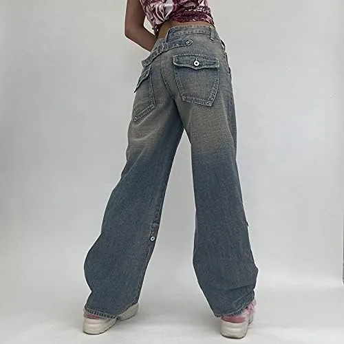 Vista 3 de KMBANGI Y2K Streetwear - Pantalones de mezclilla de cintura alta para mujer con pierna ancha rectos casuales holgados Y2K diseño urbano
