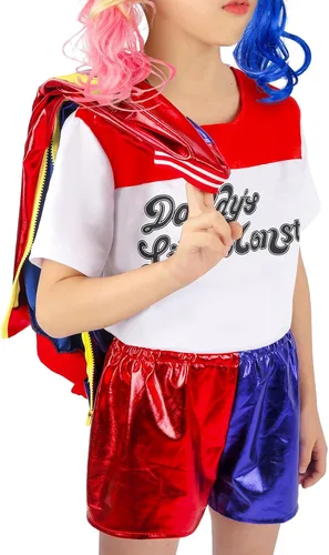 Vista 3 de Anqtovp Conjunto de disfraces de cosplay de Joker para niñas, disfraces de escuadrón de Halloween para niños con chaqueta, pantalones cortos