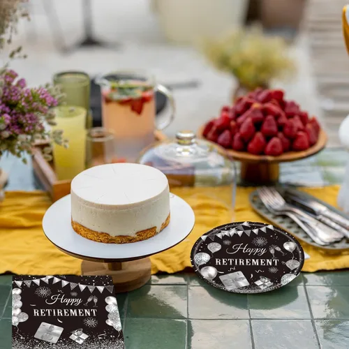 Vista 6 de Juego de 40 piezas de vajilla desechable para fiestas de jubilación para hombres y mujeres, color negro y plateado, incluye platos de jubilación