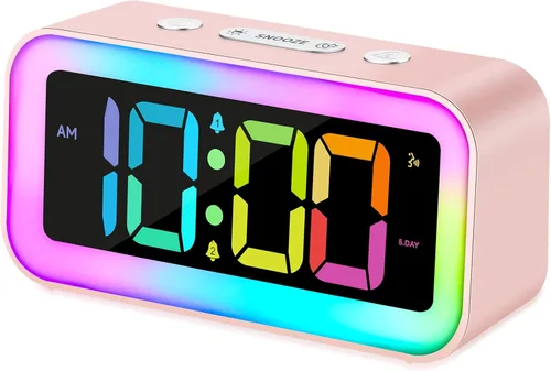 Vista 7 de Cadmos Reloj despertador fuerte para dormitorios con luz nocturna RGB dinámica, para adultos que duermen profundamente, doble alarma, atenuador