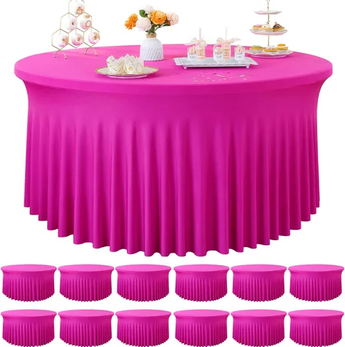 Vista 37 de Paquete de 6 manteles redondos de elastano azul bebé para mesa de 60 pulgadas, manteles elásticos de 120 pulgadas ajustables de 5 pies, manteles