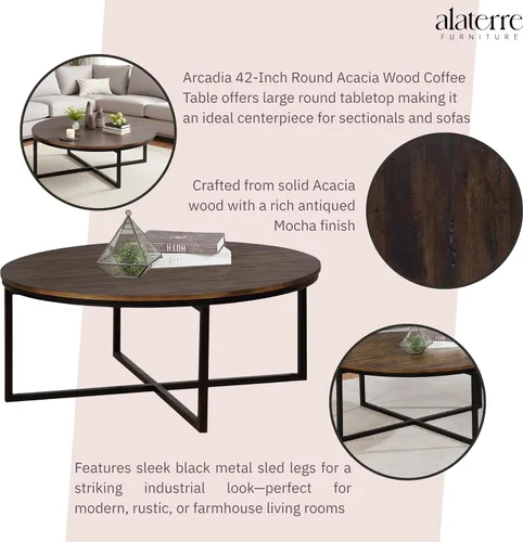 Vista 4 de Arcadia - Mesa de centro redonda de madera de acacia de 42 pulgadas, mesa industrial para sala de estar con acabado moca envejecido y patas