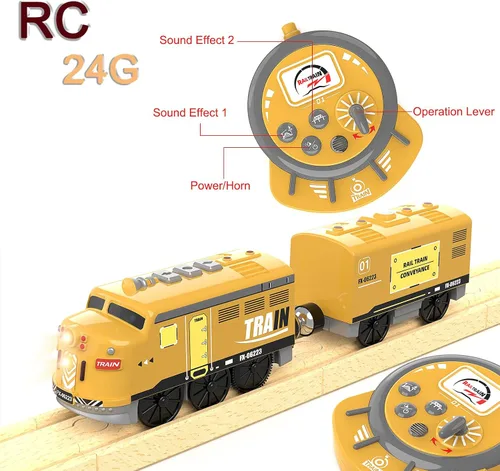 Vista 8 de Juego de tren eléctrico de juguete para pistas de madera, juguete de tren locomotora con control remoto para niños, compatible con Thomas, Brio