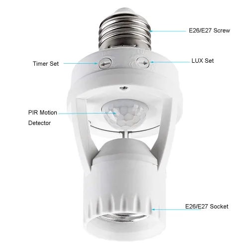 Vista 2 de Toma de luz con sensor de movimiento, adaptador de bombilla de tornillo PIR Motion E26, control de luz nocturna ajustable de encendido/apagado