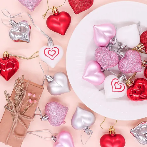 Vista 6 de Decoraciones para el día de San Valentín, decoración de corazón, 36 piezas de adornos de plástico rojo, plateado, rosa, blanco, árbol de Navidad