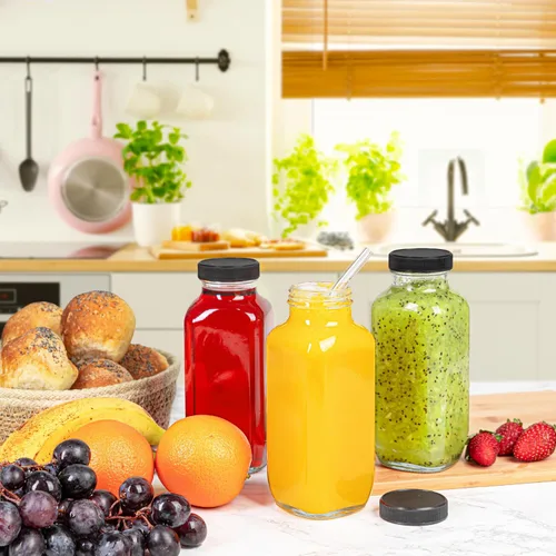 Vista 6 de umud Botellas de Jugo con Tapas, 16 Oz - Juego de 3 - Frascos de Vidrio Transparente con Tapas - Recipientes Vacíos Reutilizables para Bebidas