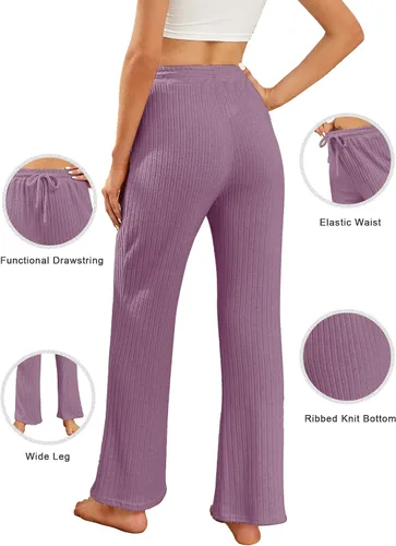 Vista 5 de iChunhua Pantalones de pijama de punto acanalado de pierna ancha para mujer, ligeros, suaves y acogedores pantalones de descanso palazzo