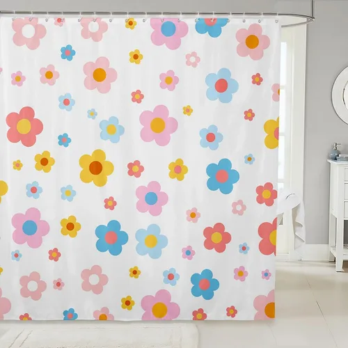 Vista 27 de Cortina de baño de flores de margarita para niños y niñas, cortina de ducha floral para decoración de baño, 72 x 72 pulgadas, retro, floral