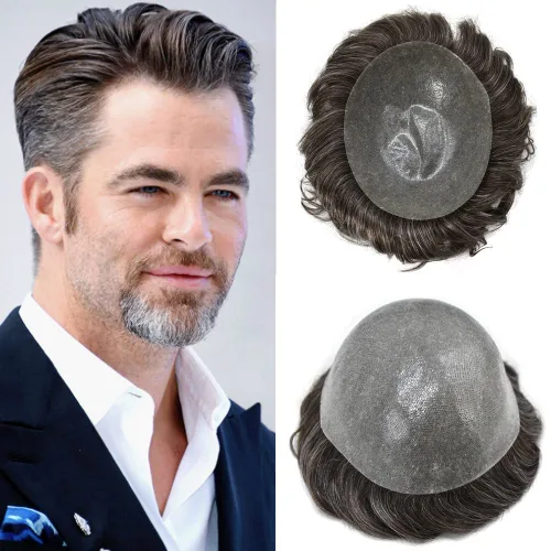 Vista 21 de PRETTY HAIR - Peluca de cabello humano, tupé para hombre, 8 x 10 pulgadas, negro azabache 1, corto de 6 pulgadas, densidad media ligera del 120%