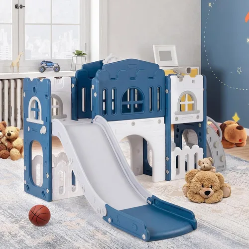 Vista 9 de Costzon Juego de tobogán infantil 8 en 1, tobogán independiente para niños con túnel, aro de baloncesto, juego de tobogán escalador para niños de 1