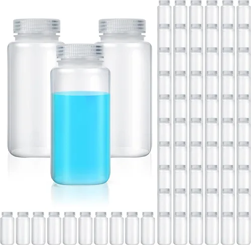 Vista 11 de Hoolerry 20 piezas 2 oz 60 ml botellas de muestra de plástico de grado laboratorio de polipropileno de boca ancha botellas de reactivo con tapas