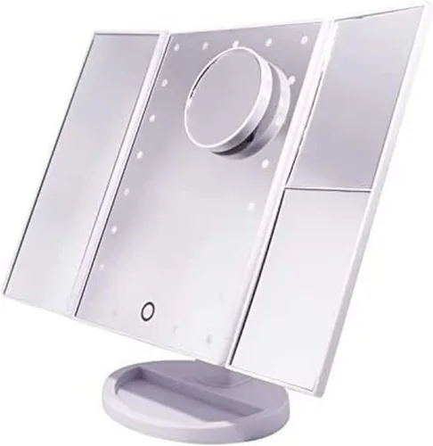 Vista 3 de DHAEY Espejo de tocador de tres pliegues, 21 luces LED con pantalla de botón en T, aumento 1X/2X/3X y carga USB brillo ajustable