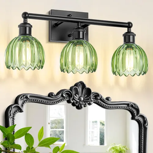 Vista 13 de Lámparas de baño vintage, 2 luces rústicas de tocador para baño, pasillo, luces de tocador de latón de 16.5 pulgadas, lámparas de tulipán