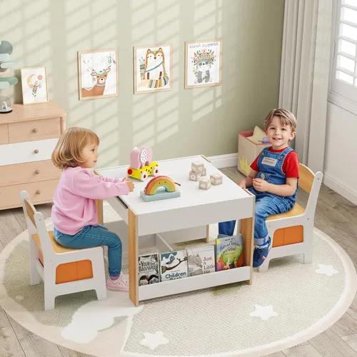 Vista 6 de INFANS Juego de Mesa y Silla para Niños, Escritorio de Actividades de Madera de Bloques de Construcción 4 en 1 con Superficie Reversible, Cajones