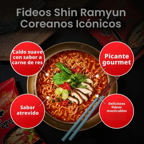 Vista 4 de Nongshim Ramen Noodles, Ramen instantáneo gourmet, sopa de fideos microondable premium, Shin picante, paquete familiar, 4.23 onzas (paquete de 16)