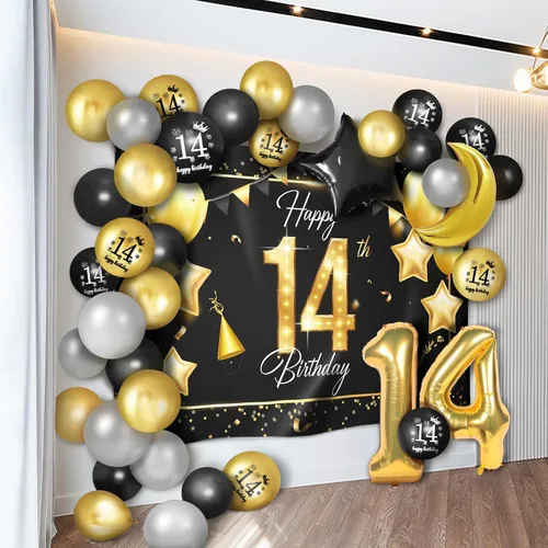 Vista 12 de Juego de globos dorados de feliz cumpleaños número 10 – Saludos a los 10 años de edad, guirnalda temática de fiesta con estrellas y luna, decoración