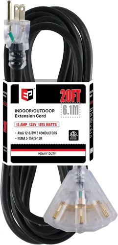 Vista 21 de EP Cable de extensión de 3 pies, 12/3 SJTW 3 tomas de corriente eléctrica Negro