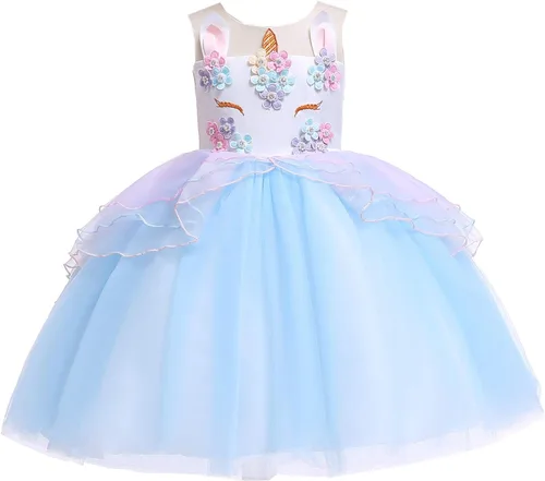 Vista 2 de BanKids Vestido de unicornio para niñas disfraz de unicornio vestido de fiesta de princesa con diadema de unicornio para niñas de 2 a 12 años