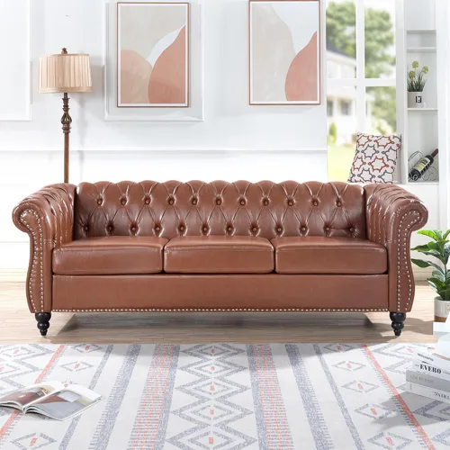 Vista 25 de Muebles de sofá Chesterfield de tela de 85 pulgadas, sofá tapizado con respaldo copetudo, brazo enrollable, sofá Chesterfield clásico para sala