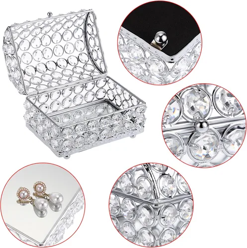 Vista 9 de ELLDOO Joyero de cristal, caja organizadora de aretes, anillos, decoración del hogar, caja decorativa con tapa, regalo plateado para San Valentín