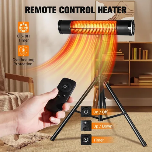 Vista 2 de Calentador eléctrico para exteriores, calentadores infrarrojos de carbono de 1500 W con control remoto, calentador radiante montado en trípode con 3