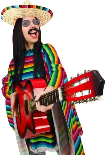 Vista 6 de Conjunto de poncho y sombrero mexicano para adultos, 7 piezas de disfraz de fiesta mexicana, incluye fiesta mexicana, poncho, poncho, sombrero