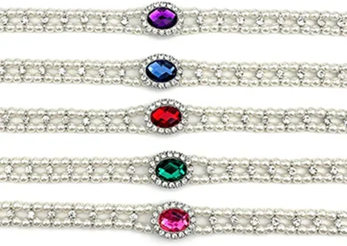 Vista 2 de Collar de doble fila de perlas de diamantes de imitación collar de perro gato ajustable lindo gema accesorios vintage