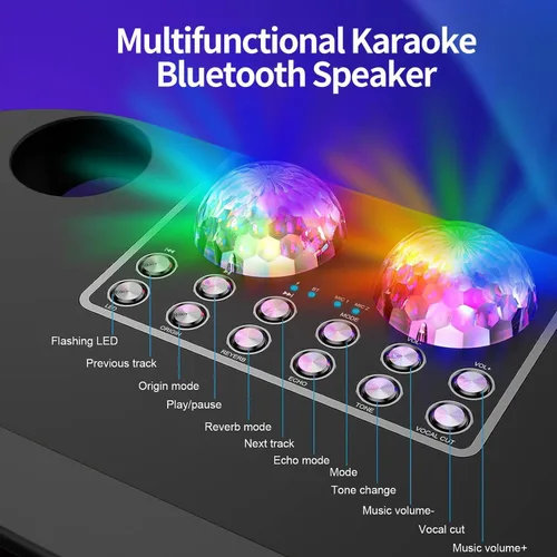 Vista 2 de Laucnpty - Máquina de karaoke con 2 micrófonos inalámbricos y luces de bola de discoteca para adultos o niños, máquina de canto portátil con altavoz