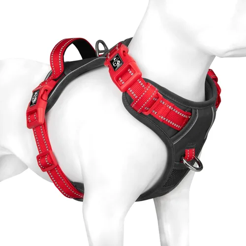 Vista 32 de Arnés para perro sin tirones, chaleco para perro reflectante ajustable de colores únicos, con asa de entrenamiento suave y clips de metal
