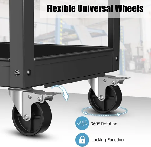 Vista 10 de Goplus Carrito de servicio de 3 capas, carrito Unity resistente con mango plano, 2 ruedas universales bloqueables, capacidad de 400 libras, carrito