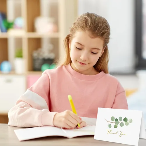 Vista 7 de Whaline Greenery - Tarjetas de agradecimiento a granel, paquete de 36 tarjetas de felicitación de eucalipto de papel dorado con sobres, calcomanías