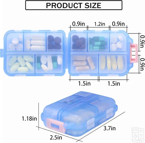 Vista 4 de Organizador de pastillas de viaje portátil, estuche pequeño para bolsillo, pastillero para bolso, organizador de medicinas con 10 compartimentos