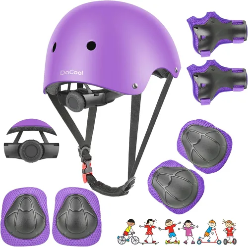 Vista 11 de DaCool Juego de casco de bicicleta para niños, rodilleras para patineta, coderas, muñequeras ajustables para niños de 3 a 10 años