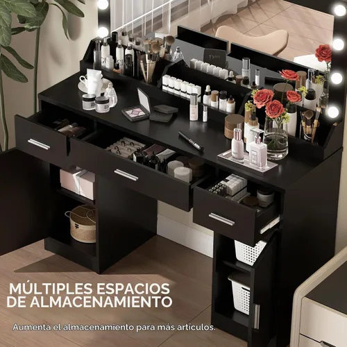Vista 4 de MIRROTOWEL Escritorio de tocador de 47.5 pulgadas con espejo grande, 3 modos de iluminación de color, brillo ajustable, cómoda con 3 cajones y 2
