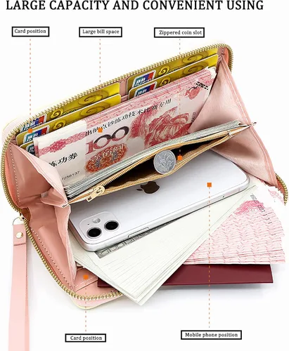 Vista 3 de Rjivofa Bonita cartera de dibujos animados para mujeres y niñas, cartera larga de piel sintética suave con muñeca, bolso de viaje con cremallera
